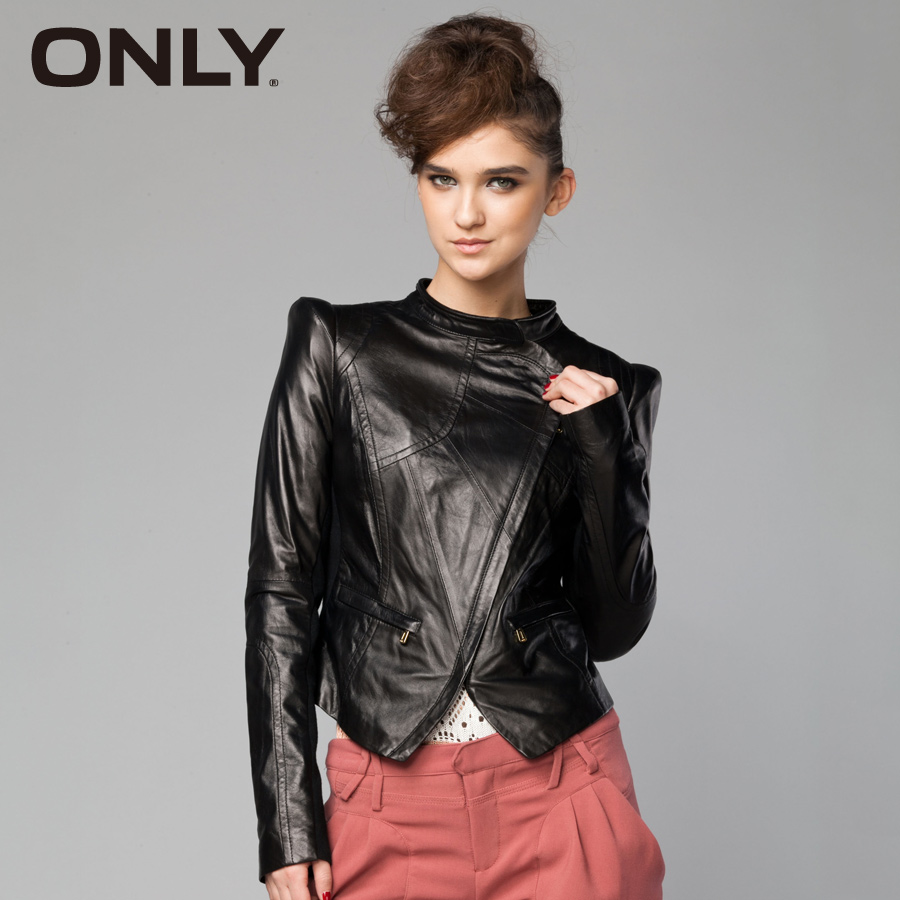 Only2013 spring sheepskin stand collar shoulder pads women's leather clothing black e 113110008010