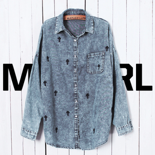 ONSALE! 2013 New Embroidery Cross Retro Long Sleeve Denim Shirt Blouse Women Plus size Wtih Btwing sleeve ONSALE