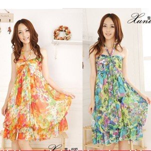 Orange Green Bohemia Indigenous flavor long style brace dresses chiffon long skirts, women's casual Dress, Free Shipping