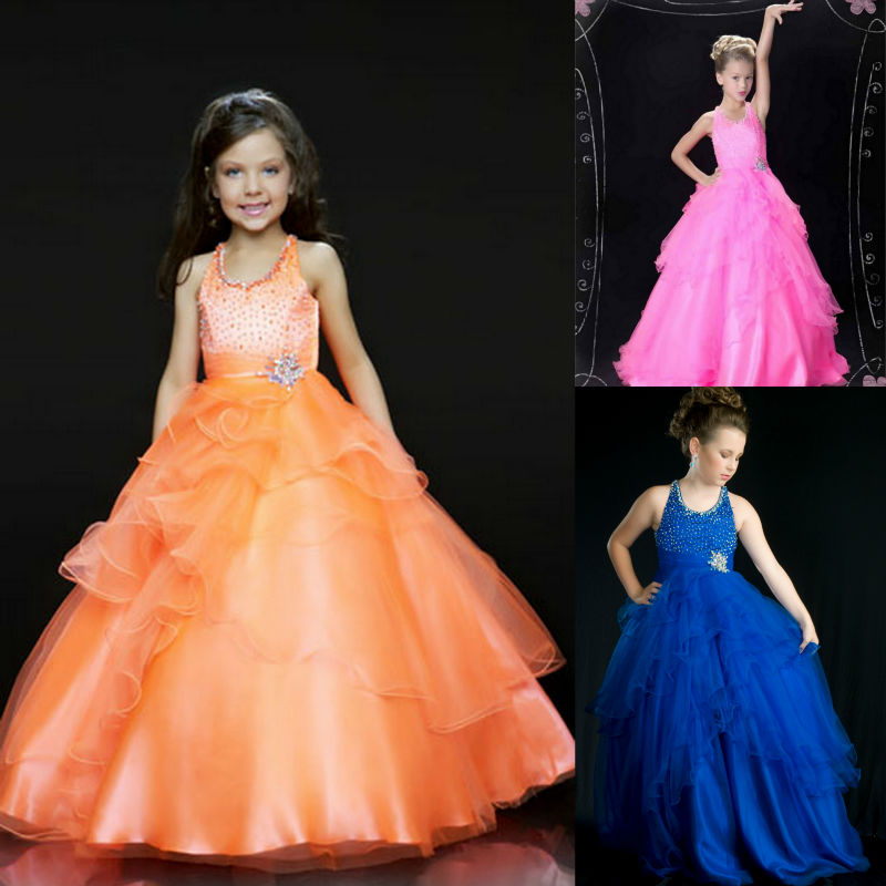 orange pink royal blue ruched a-line floor length beaded brooch halter top sugar pageant dresses
