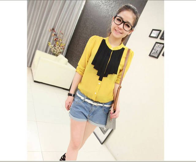 Organ black pleated temperament paragraph thin chiffon long-sleeved shirt # 2121