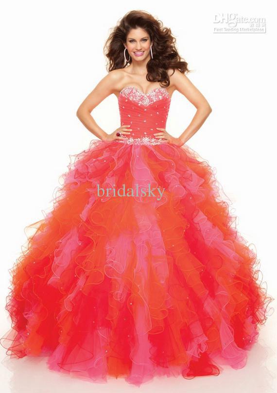 Organza Rhinestone Ruffles Sweetheart Floor length Ball Gown Prom Dresses Quinceanera Gowns J-474