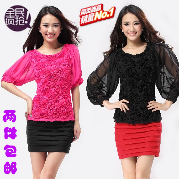 Original design 2012 autumn lantern sleeve basic shirt three-dimensional rose top