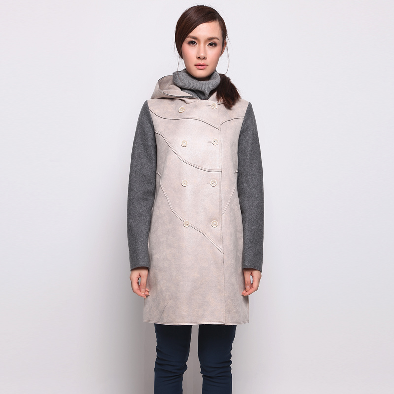 Original design women's 2013 spring new arrival brief with a hood patchwork woolen chamois overcoat outerwear