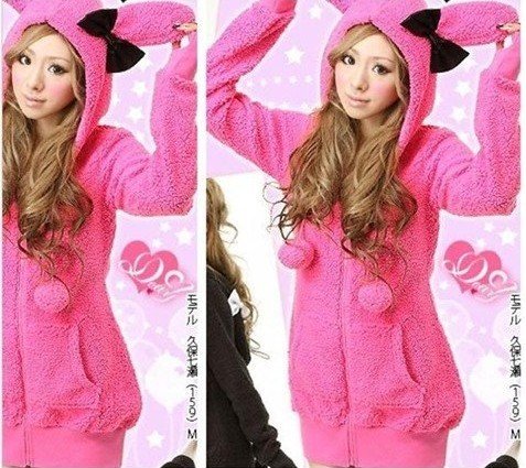 ORIS knitting LS-205 New Women's Long Sleeve Hoodie zip sweater Rabbit ears top ROSE RED Fleece Outwear   FREE SHIPPING