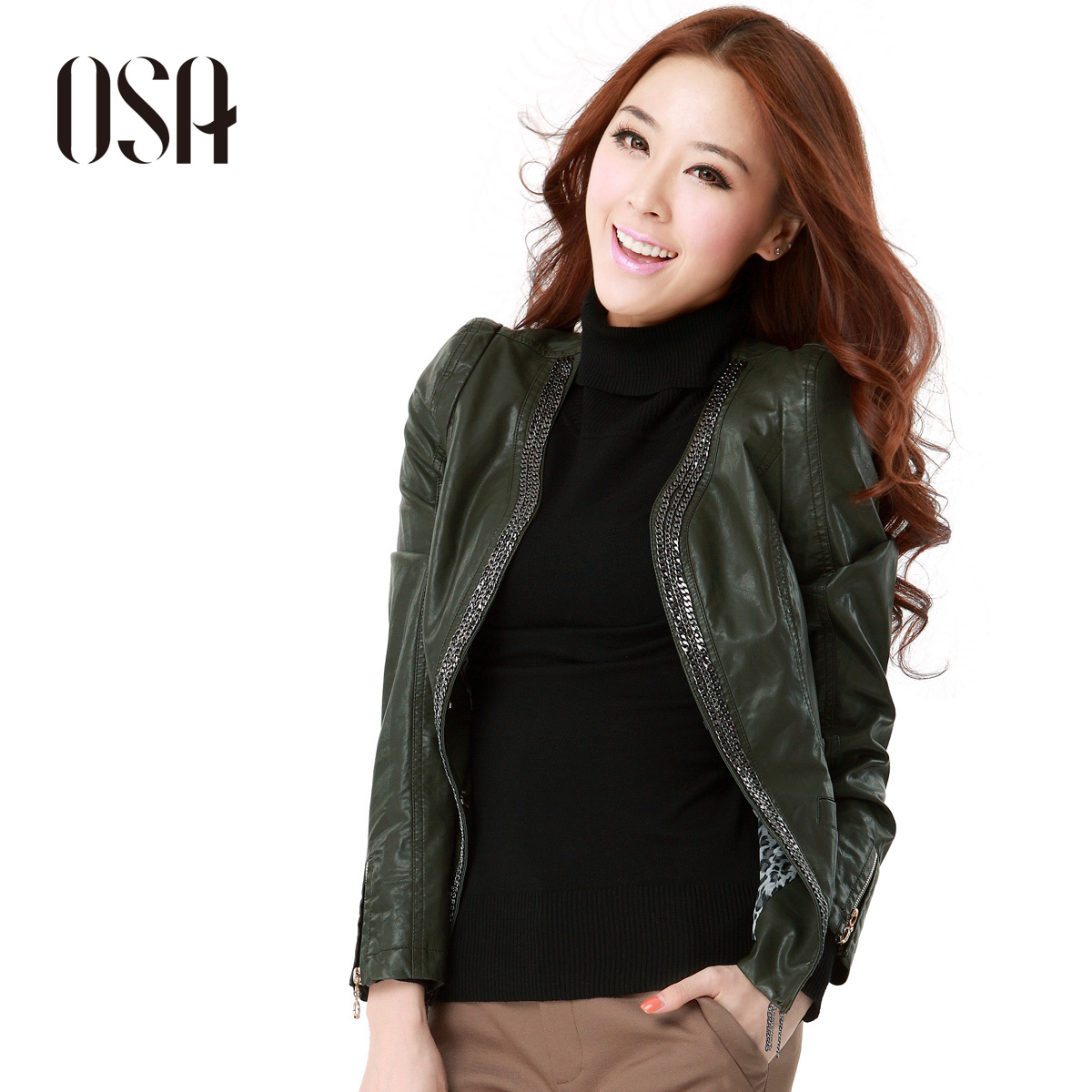 Osa spring and autumn women's fashion o-neck PU slim motorcycle leather clothing outerwear female g10802