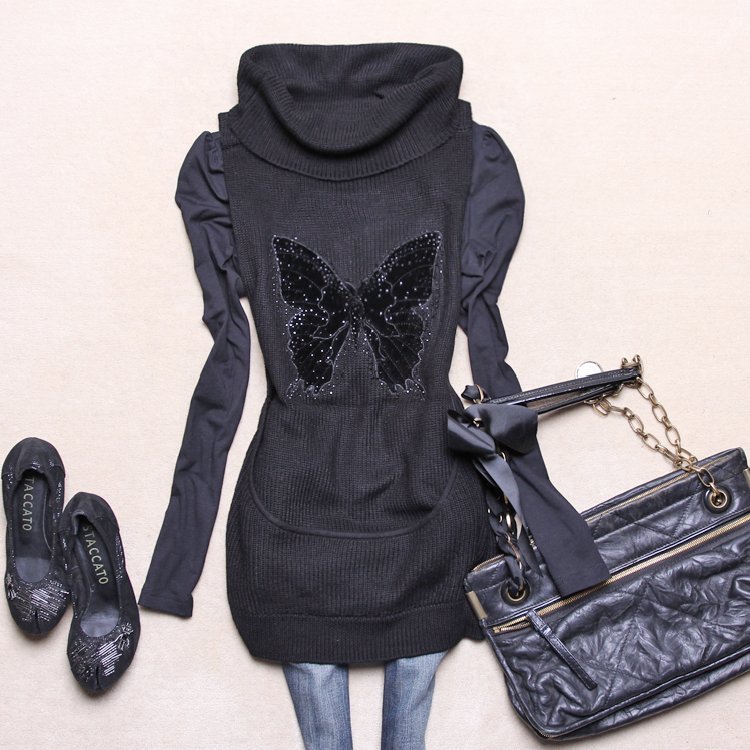 Oscar 2012 black velvet diamond decoration butterfly sleeveless wool sweater ya2907