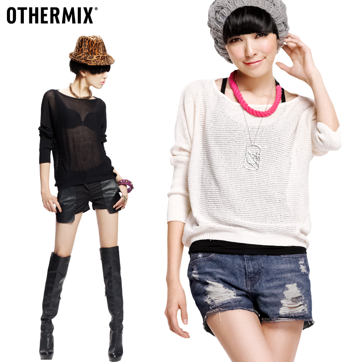 Othermix big o-neck pullover fashion knitted sweater of perspectivity cutout women's 12m30017