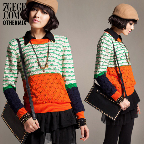 Othermix color block long-sleeve pullover sweater outerwear women's 3mm1003p