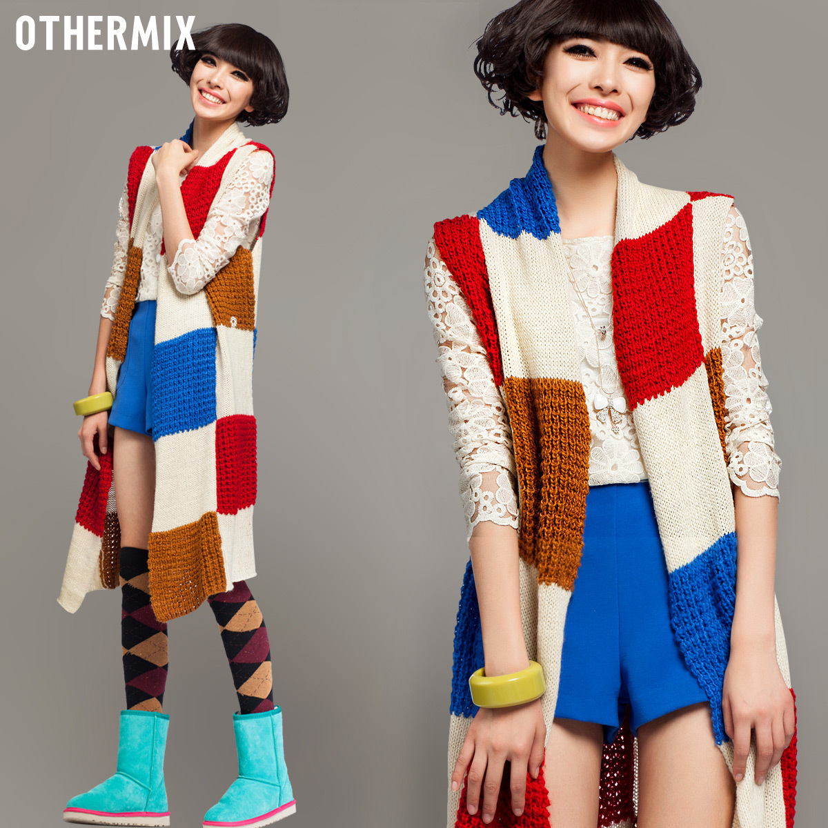 Othermix colorant match coarse knitting multiple sweater long vest female