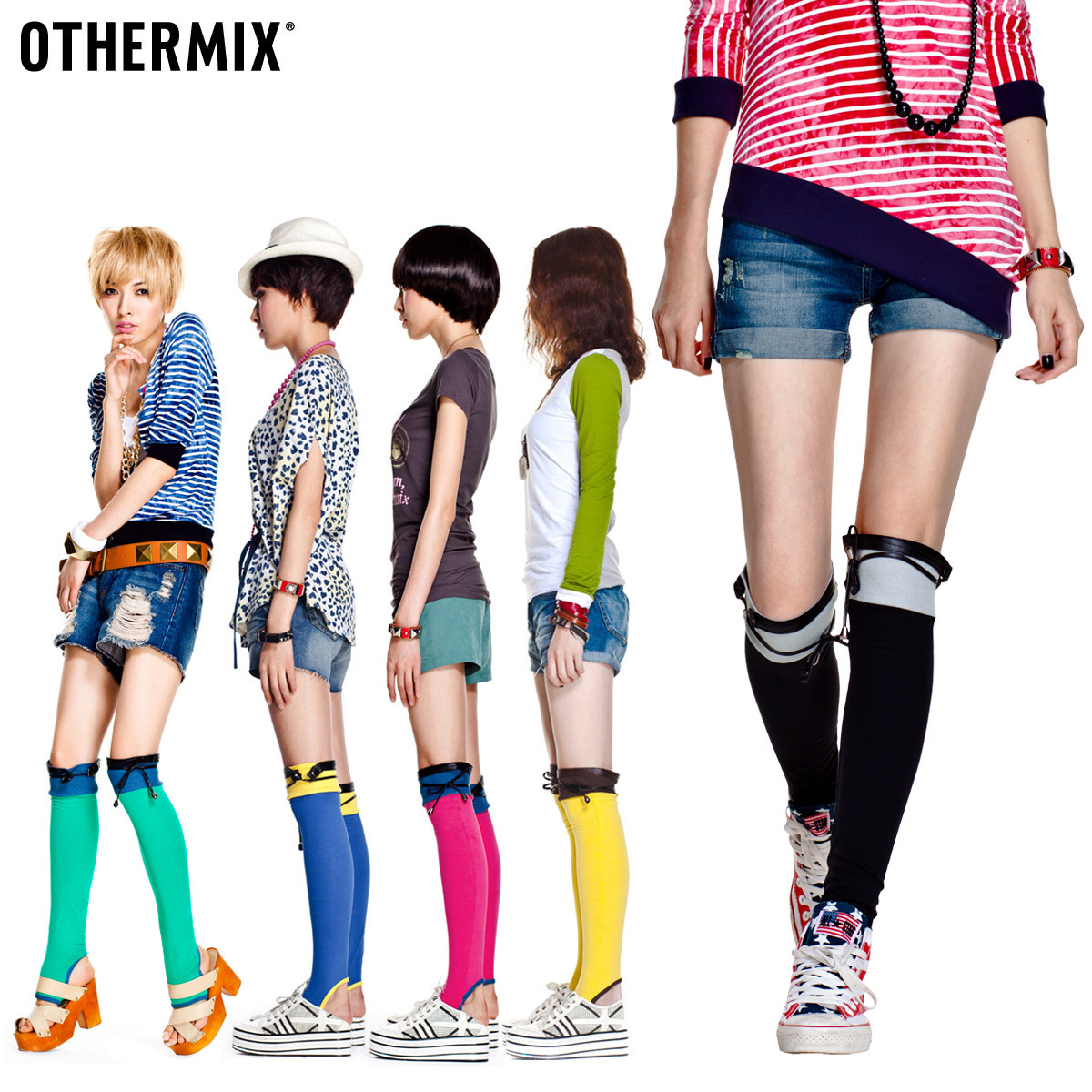 Othermix solid color block decoration drawstring step on the foot ankle sock chromophous 12y30001