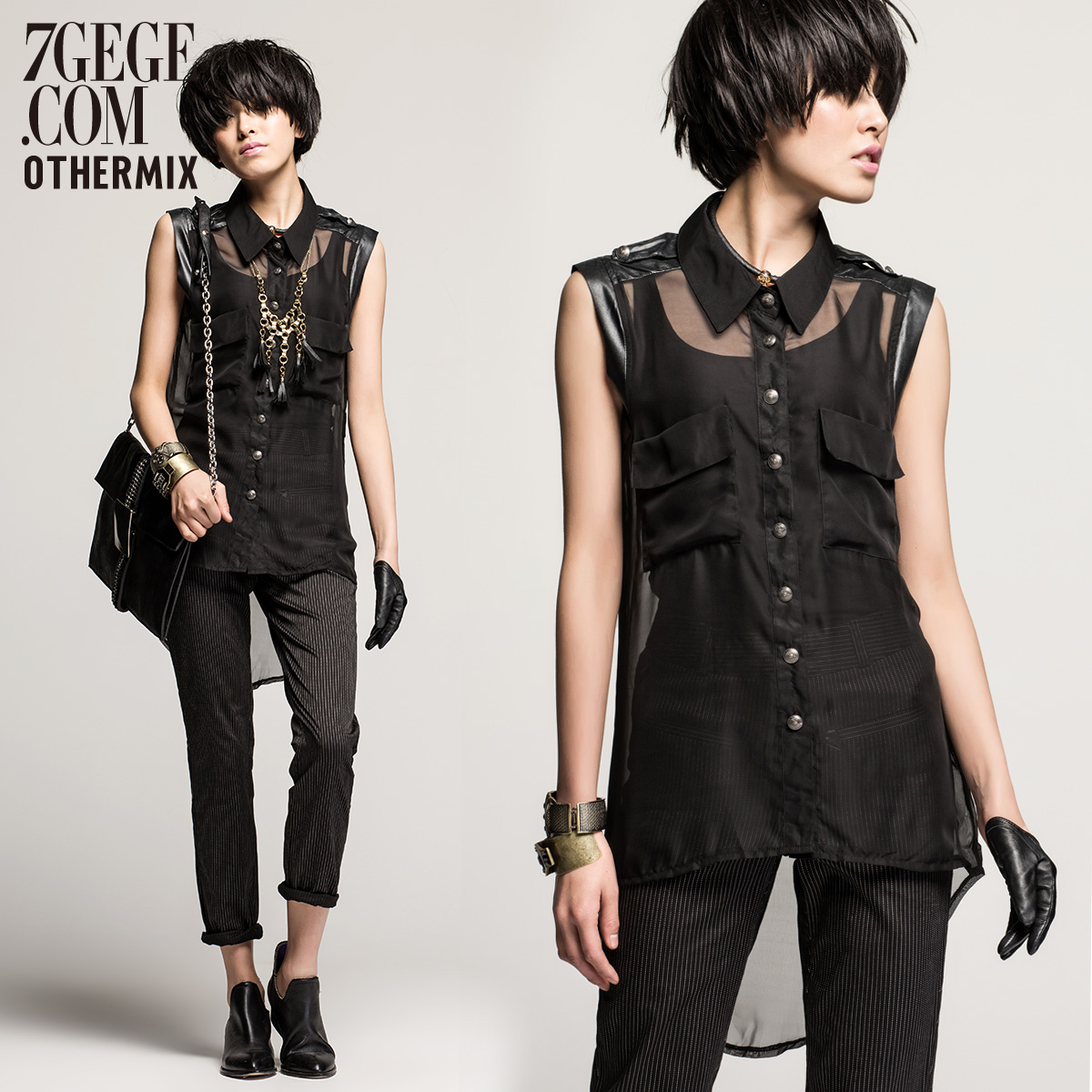 Othermix summer transparent chiffon shirt black sleeveless chiffon shirt female cardigan 22d1102