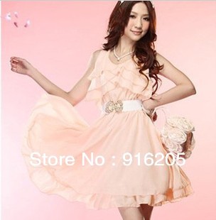 Ou Zhuoni Korean version of spring and summer women new flounced chiffon dress with belt