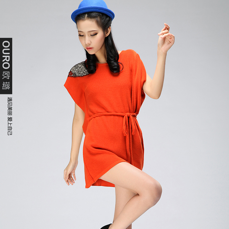 Ouro2012 autumn and winter knitted wool pullover basic shirt asymmetrical slim long design sweater belt bead decoration
