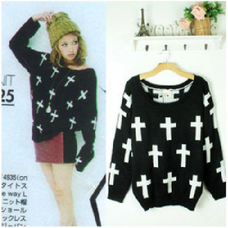 OUT STOCK CR-006 Fashion Women Knitting Woollen Sweater pullover Corss Knitting Black/White L suit
