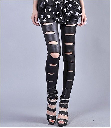OUT STOCK FREE SHIPPING+Wholesale 5pc/lot 9-113 Sexy destroyed Black Metallic Leather Look Destroyed Leggings/Pants Hot Sale
