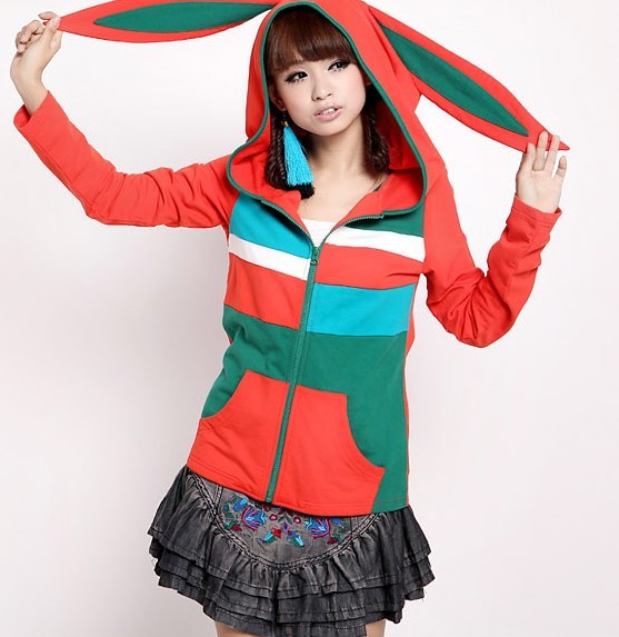 Outerwear autumn women's long-sleeve cardigan fashion sweatshirt women's color block decoration rabbit ears with a hood cardigan