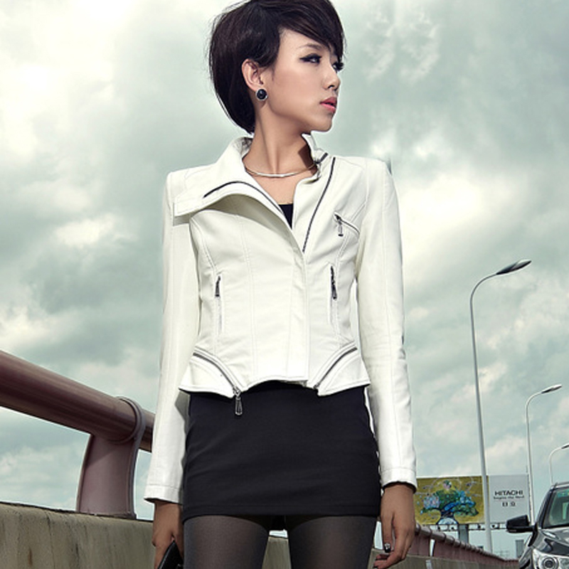Outerwear motorcycle PU design slim female short jacket