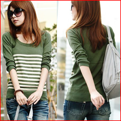 Outerwear women's autumn casual stripe o-neck short design basic sweater long-sleeve top