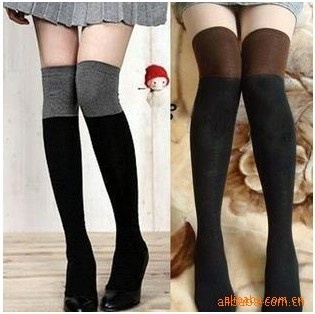 Over-the-knee color block decoration socks two-color 100% cotton knee-high socks stockings