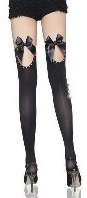 Over-the-knee legs tight black stockings suspenders cutout bow 7813
