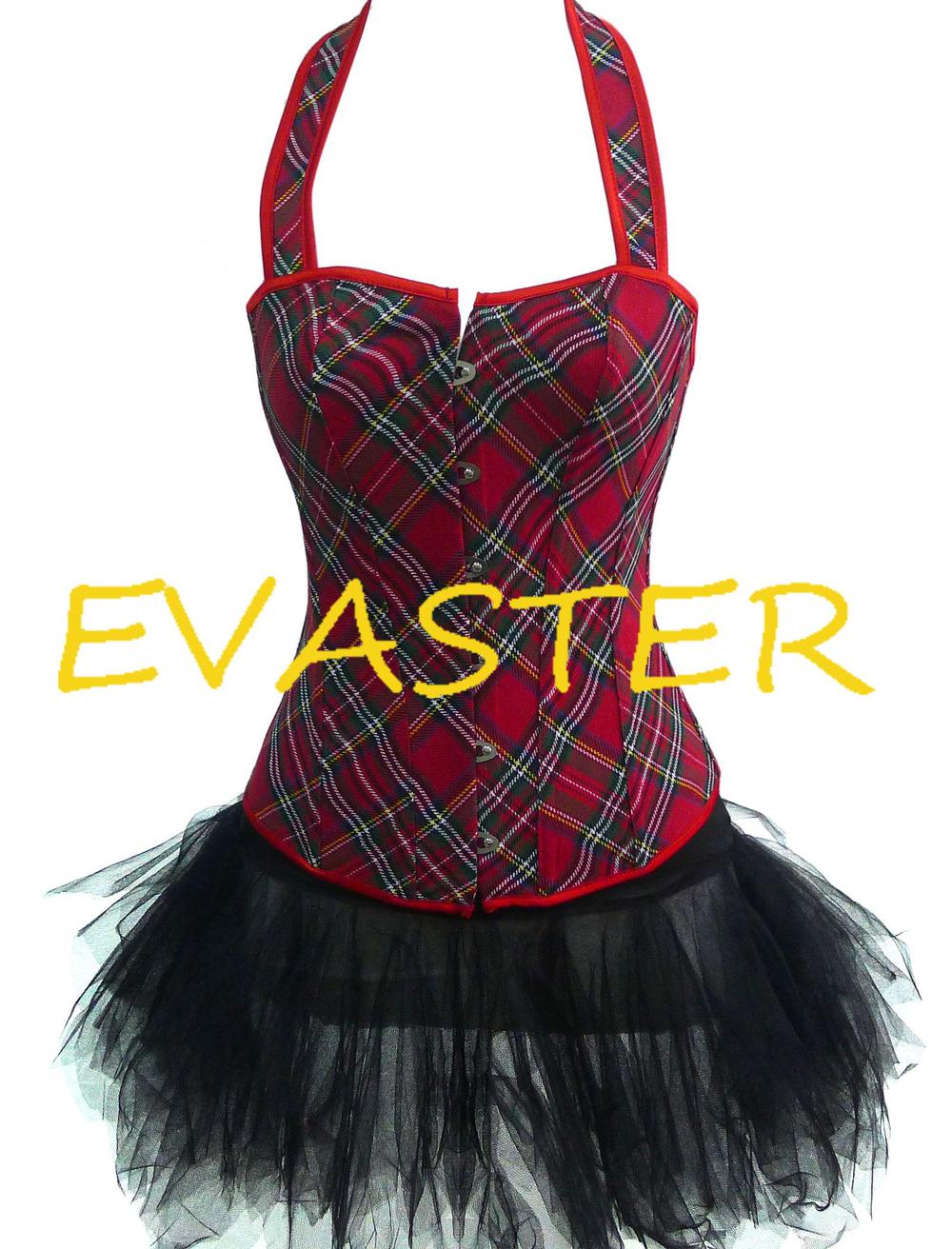 Overbust bewitching Schoolgirl Plaid Halter sexy woman Corset tutu dresses