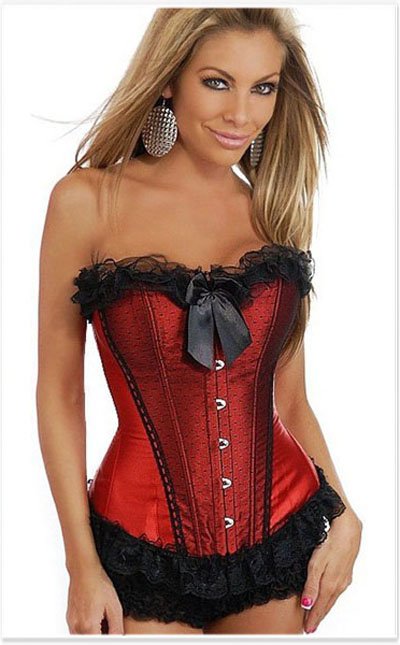 Overbust Corset with Black Lace Trim + Black TuTu dress, Corset Skirt Suits Free shipping - qm820Red