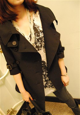 Oversized collar  handsome three quarter sleeve black small trench outerwear 'M' size only/ free shipping