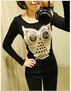 Owl decoration paillette crochet vertical stripes sweater 4