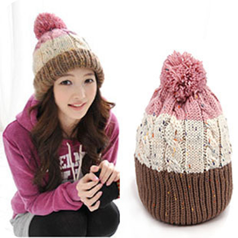 Pa163 winter female stripe color block decoration twisted , dsmv hairline roll-up hem oge ball knitted hat 112g free shipping