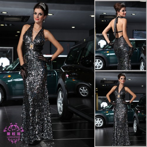 Paillette long design evening dress sequin racerback black silver costume 21267 - 2 banquet evening dress