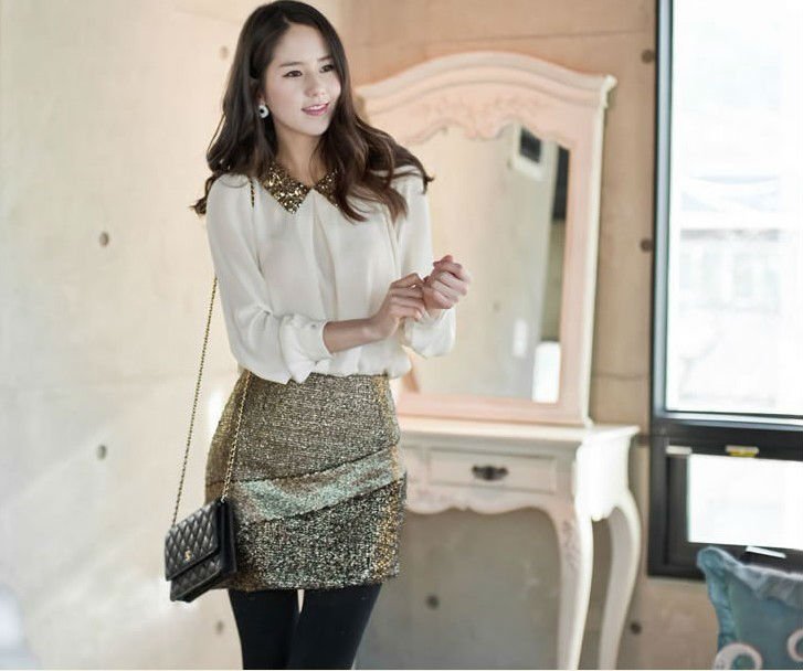 PAILLETTI COLLAR LONG SLEEVE CHIFFON SHIRT 2213