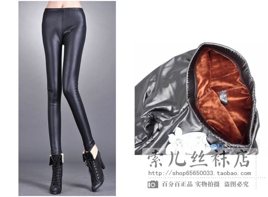 Pants faux leather pants black single tier thickening plus velvet autumn and winter legging ankle length trousers warm pants