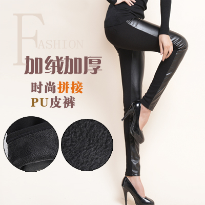 pantyhose Plus velvet thickening patchwork faux leather boot cut jeans legging skin after cotton leather trousers