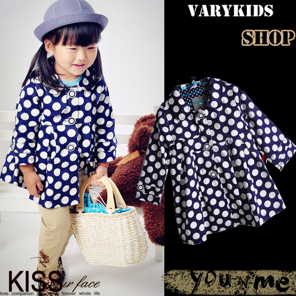 Paragraph female child trench spring and autumn child blue and white polka dot overcoat female baby outerwear