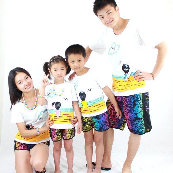 Parent-child lovers beachwear t-shirt butterfly flower quick-drying pants parent-child beach