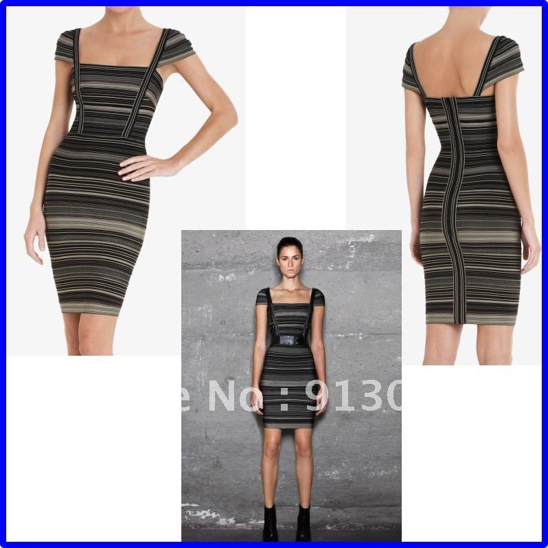 Paris Fashion Free Shipping Sexy Sheath Square Short Cap Sleeve Black Stripe Bandage  Celebrity Evening Dress A-0755