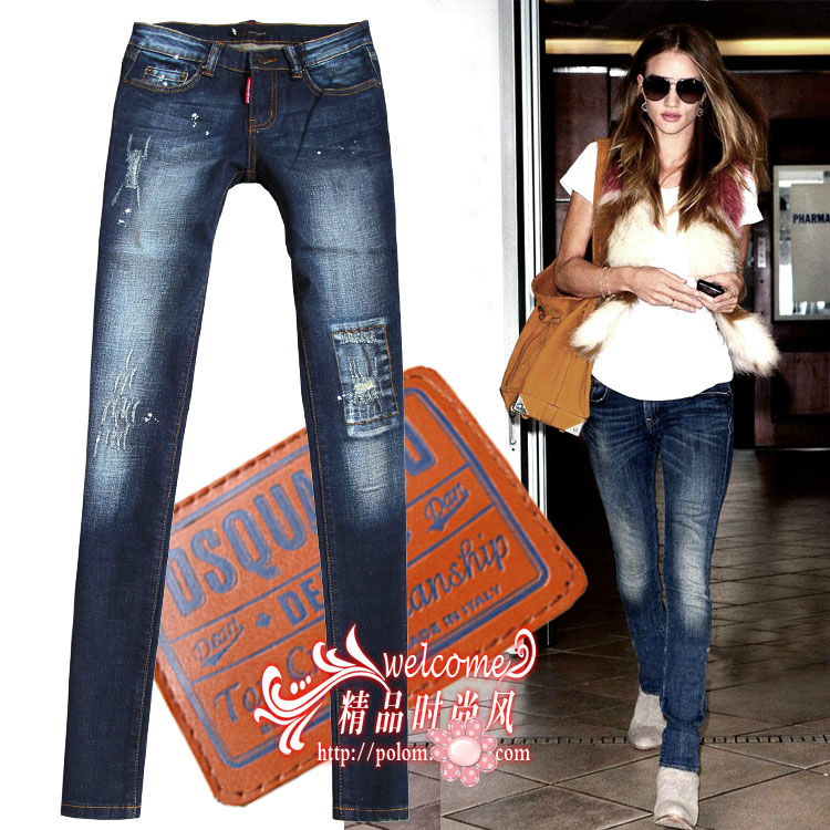 Patch grinding white dark stretch tight jeans0016