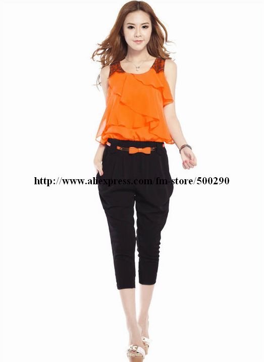 Patchwork Chiffon Jumpsuit With Zipper Fly On The Back, Three Quarter Jumpsuit With Bowknot Belt, Free Shipping