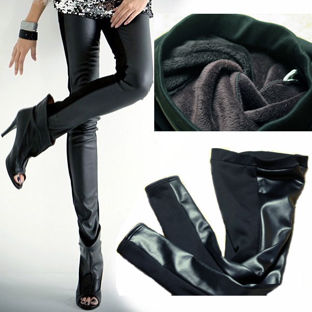 Patchwork faux leather beaver velvet compound thermal slim high-elastic pencil boot cut jeans