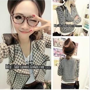 Patchwork houndstooth zipper turn-down collar outerwear free shipping