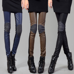 Patchwork PU casual pants female pencil pants leather pants trousers tights