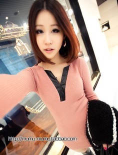 Patchwork scissors thread long design sweater 3 basic t long-sleeve women's free shipping