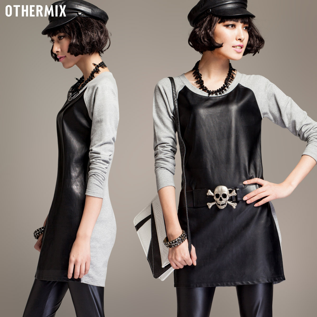 Patchwork slim long-sleeve dress leather skirt short skirt 3mb1009n