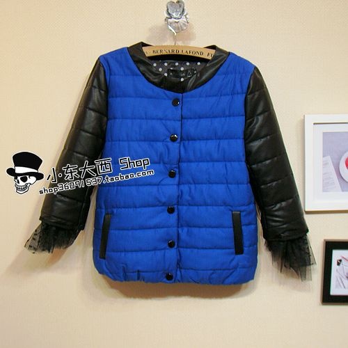 Patchwork three quarter sleeve stripe crimping elastic sweep casual short design wadded jacket cotton-padded jacket
