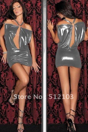Patent leather bright silver nightclub bar Dress 9086