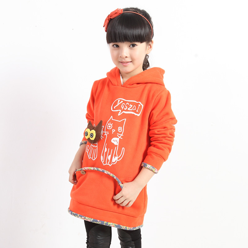 Pattern ploughboys children's clothing female child cartoon cat solid color laciness pullover sweatshirt