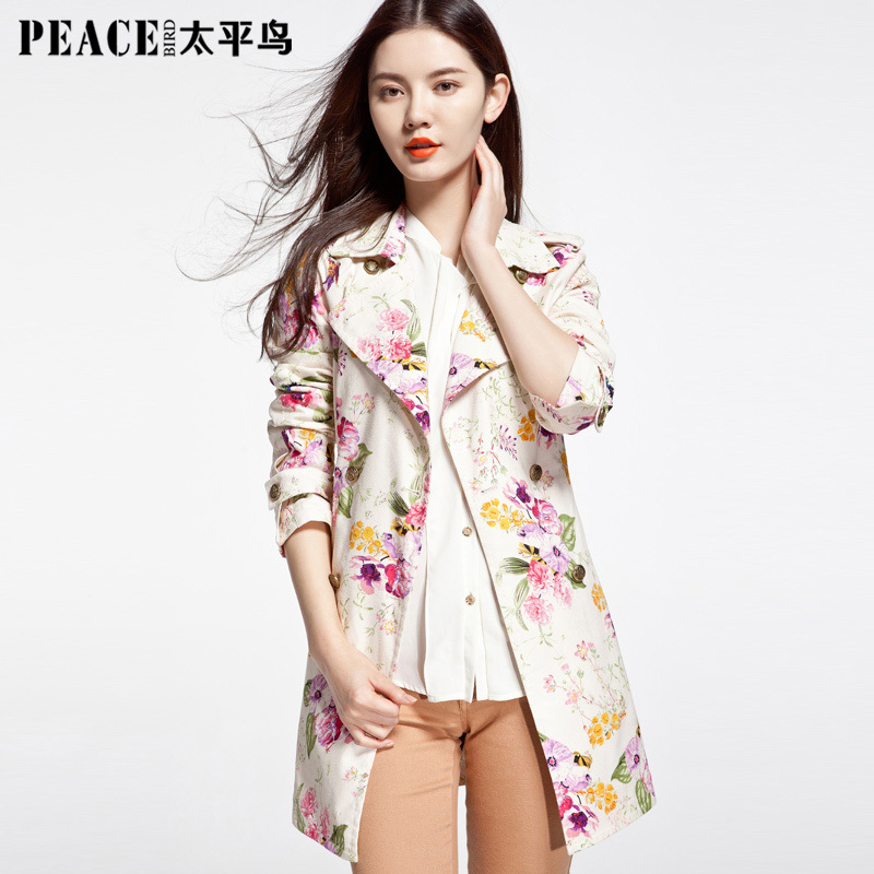 PEACEBIRD women's 2013 spring sweet print medium-long double breasted slim women's trench outerwear