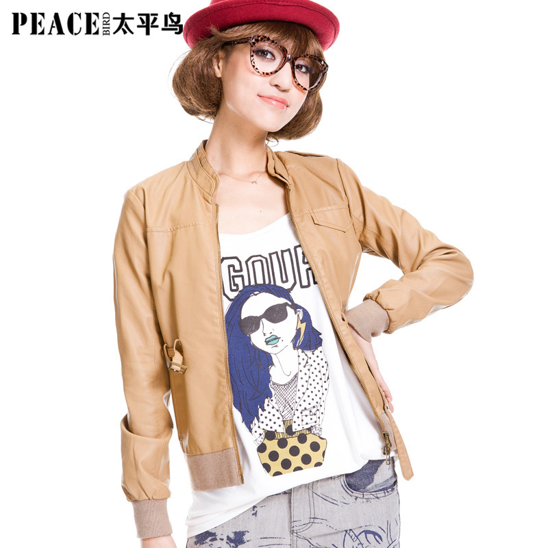 PEACEBIRD women's autumn lacing PU casual jacket slim leather clothing outerwear female
