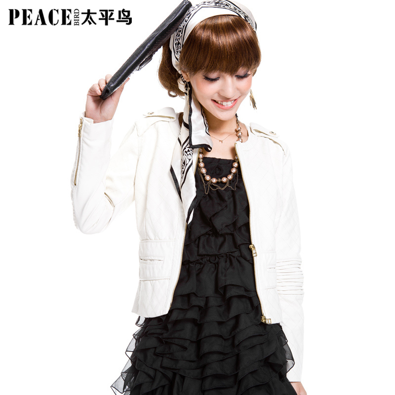PEACEBIRD women's box PU jacket o-neck fashion slim leather clothing outerwear female